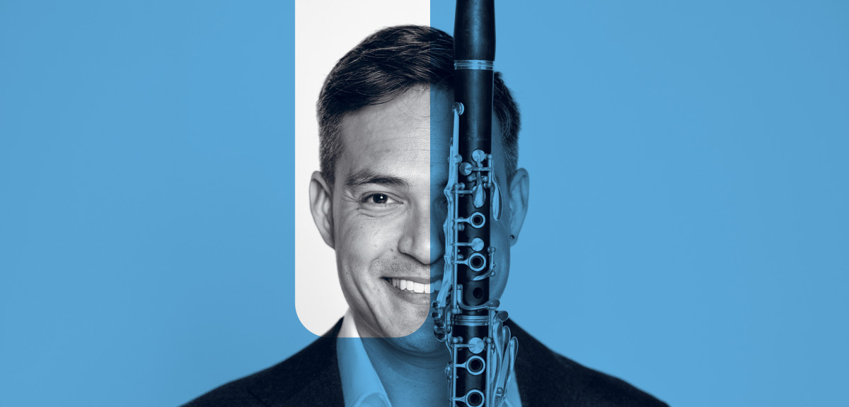 Promotional image of a musician with his flute, with a light blue overlay to align with the Matinee Symphony Series branding