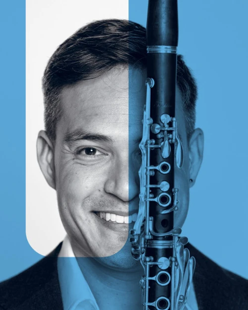 Explore Series Promotional image of a musician with his flute, with a light blue overlay to align with the Matinee Symphony Series branding