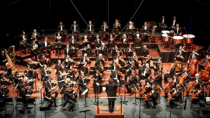 Wide shot of Asher Fisch conducting WASO.