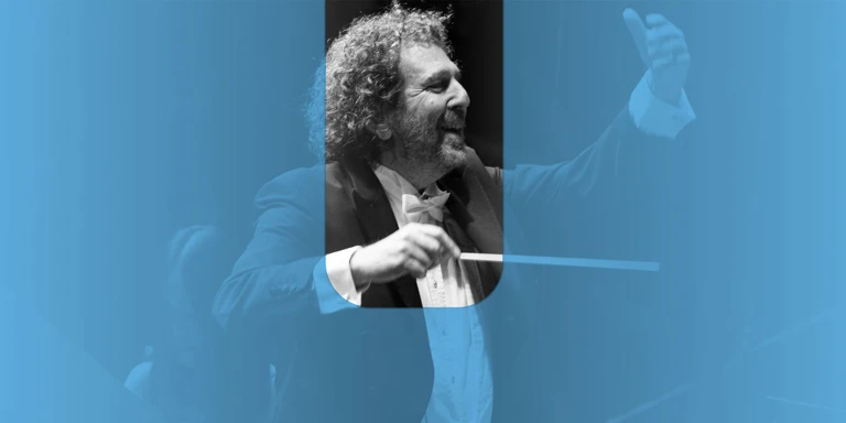A promotional image of a conductor with a light blue overlay to align with the 2026 Matinee Symphony Series branding
