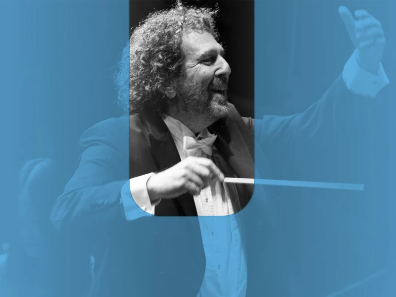 A promotional image of a conductor with a light blue overlay to align with the 2026 Matinee Symphony Series branding