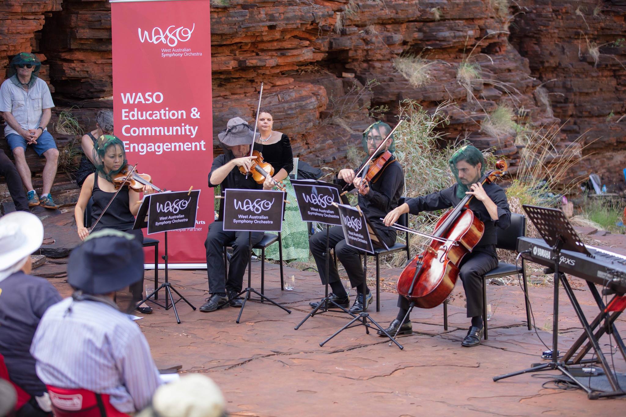 A WASO string quartet performs an outdoor concert among red rock gorges, wearing mosquito head nets.