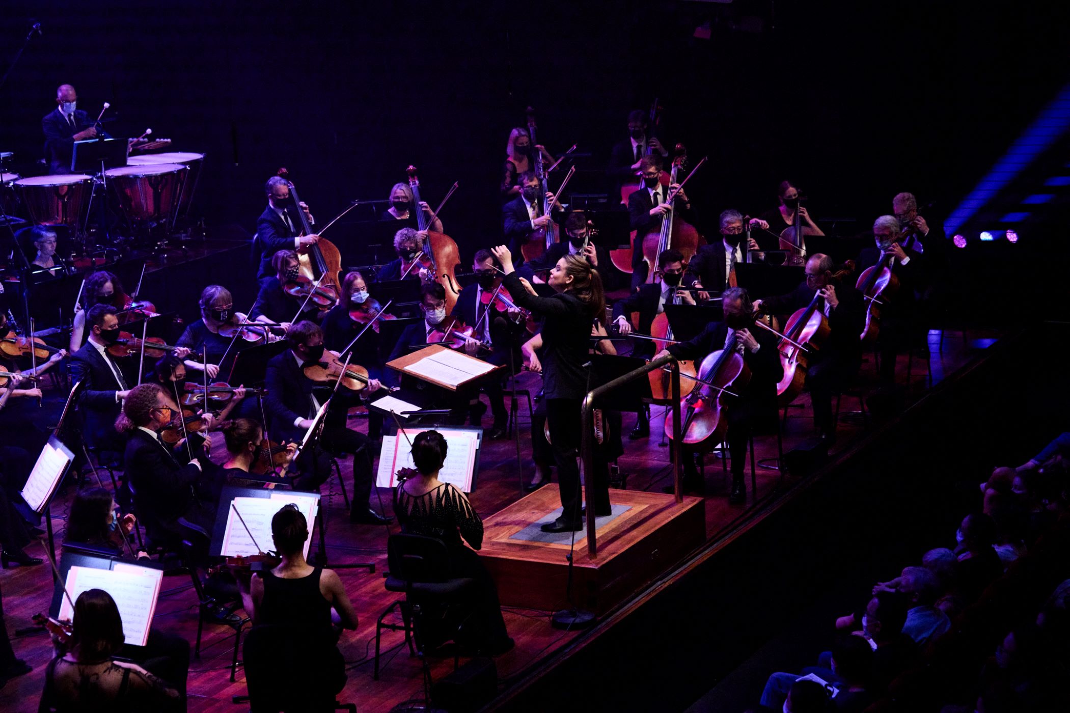 Jen Winley conducting an orchestra under dim purple stage lights.