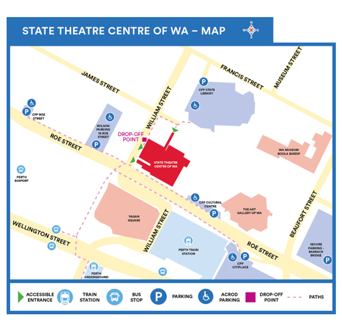 Map of the State Theatre Centre of WA showing entrances, walkways, parking (including ACROD), drop-off point, train station, bus stops, and nearby buildings.