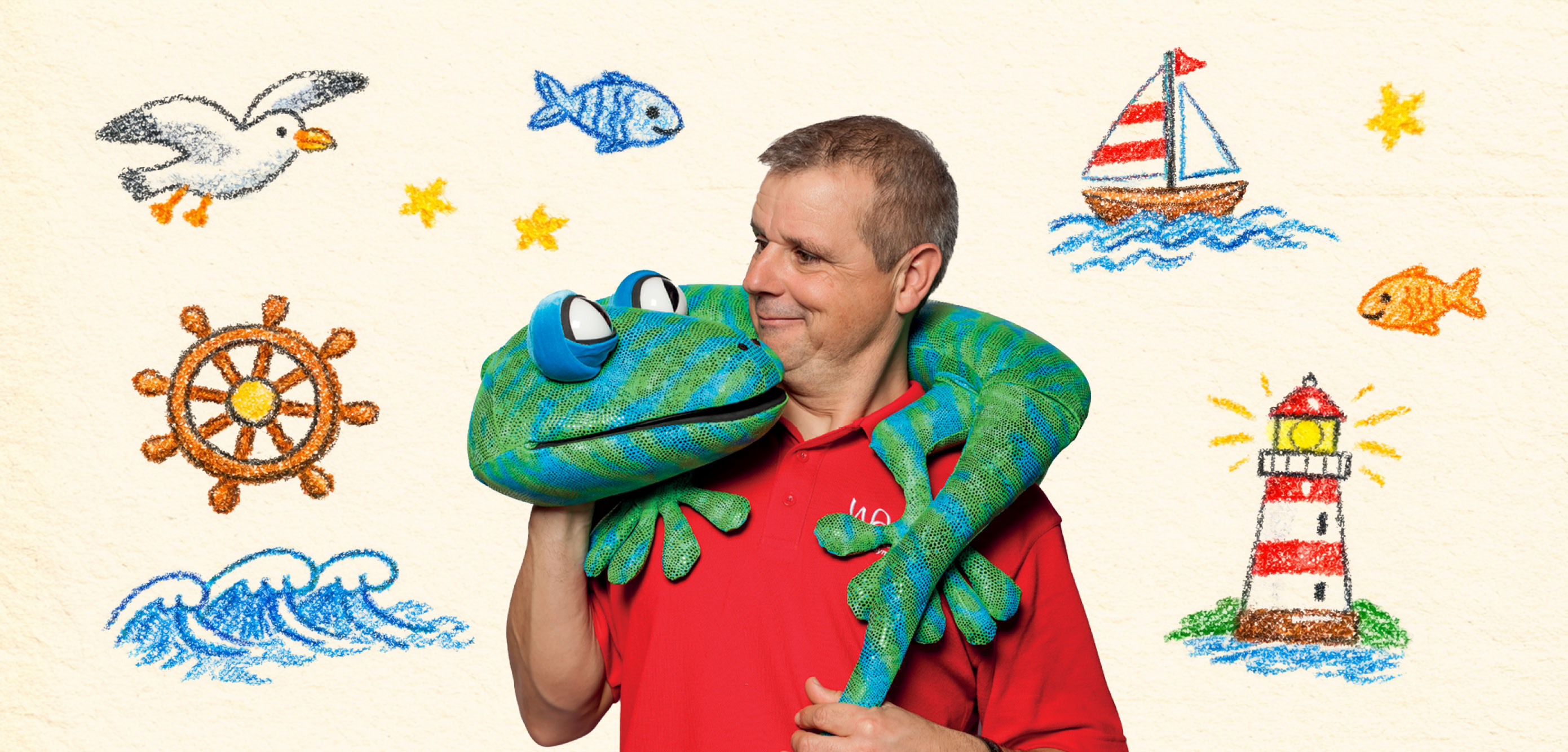 An event banner for Echo the Gecko in which a man holds a lizard puppet and is surrounded by drawings of the seaside