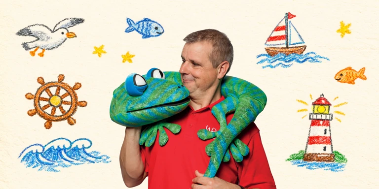 An event banner for Echo the Gecko in which a man holds a lizard puppet and is surrounded by drawings of the seaside