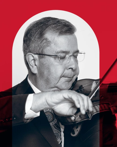 Explore Series Promotional image of a musician playing a violin, with a red overlay to align with the MACA Symphonic Series branding