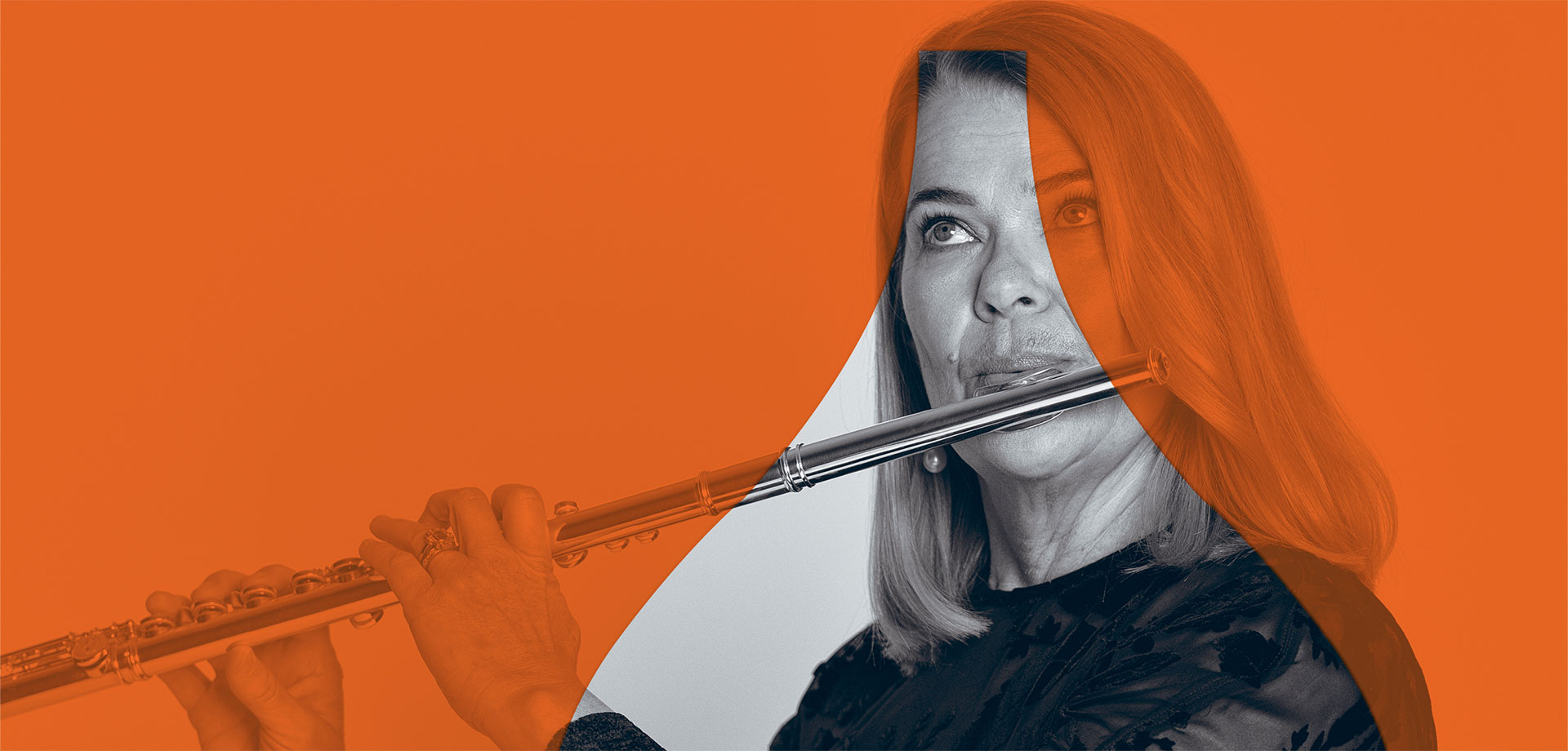 A promotional image of a musician playing the flute with an orange overlay to align with the branding colour for the Chamber Series
