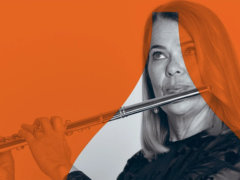 A promotional image of a musician playing the flute with an orange overlay to align with the branding colour for the Chamber Series