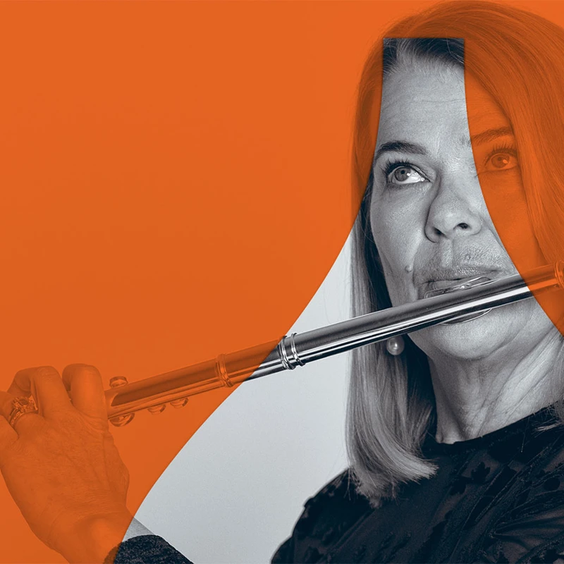 A promotional image of a musician playing the flute with an orange overlay to align with the branding colour for the Chamber Series