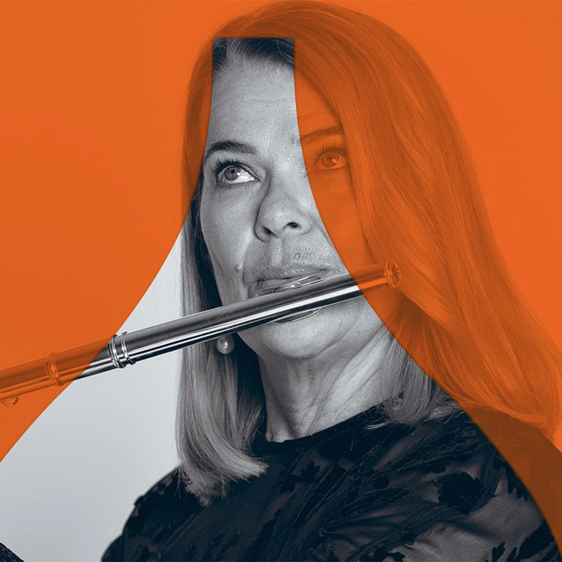A promotional image of a musician playing the flute with an orange overlay to align with the branding colour for the Chamber Series