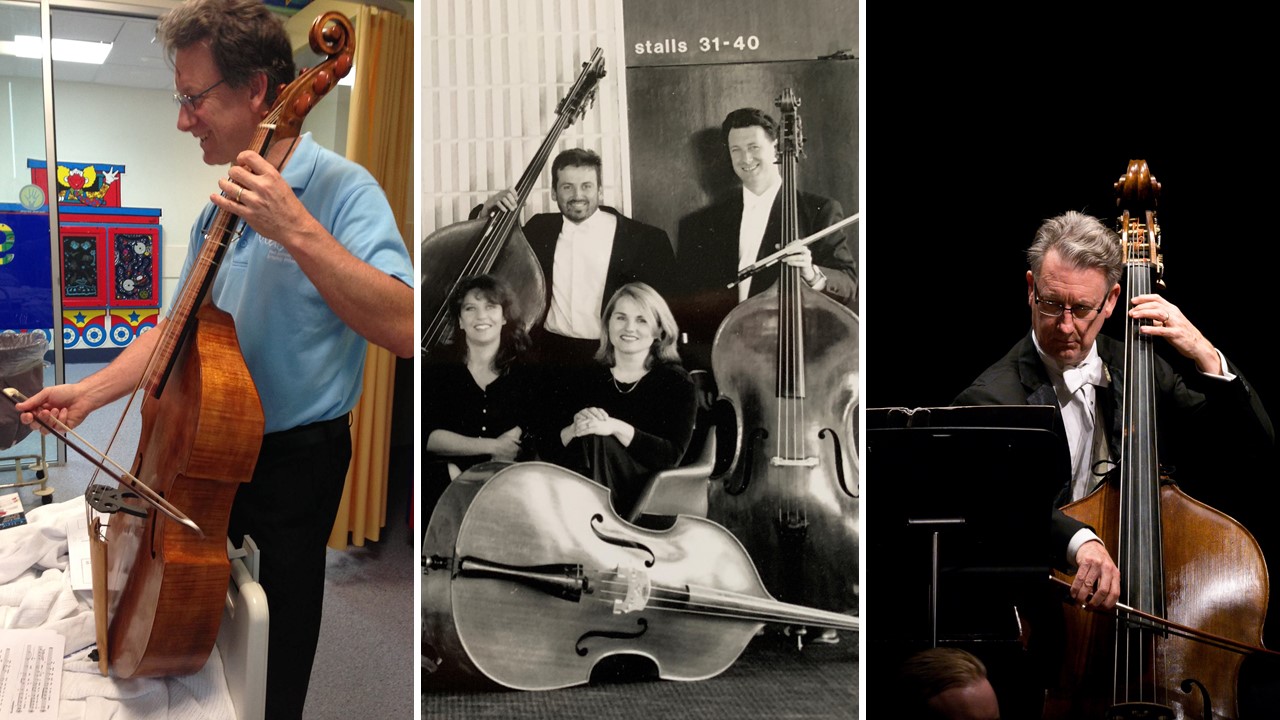 Three photos of double bassist Andrew Tait. Left to right: Performing for children in hospital; posing for a professional group portrait; performing on stage.