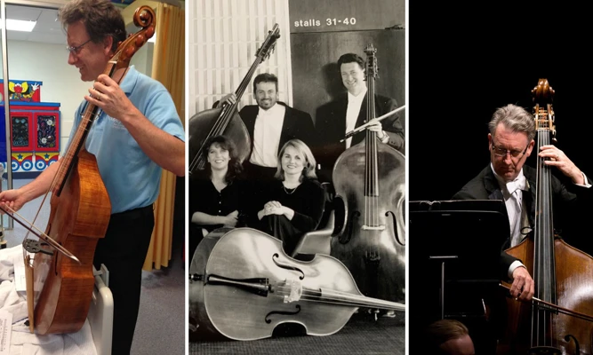 Three photos of double bassist Andrew Tait. Left to right: Performing for children in hospital; posing for a professional group portrait; performing on stage.