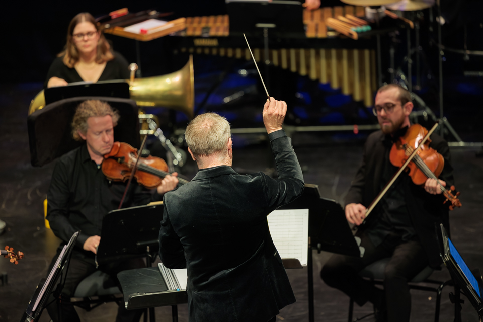 A conductor has his baton in the air as violinists and brass players play in front of him