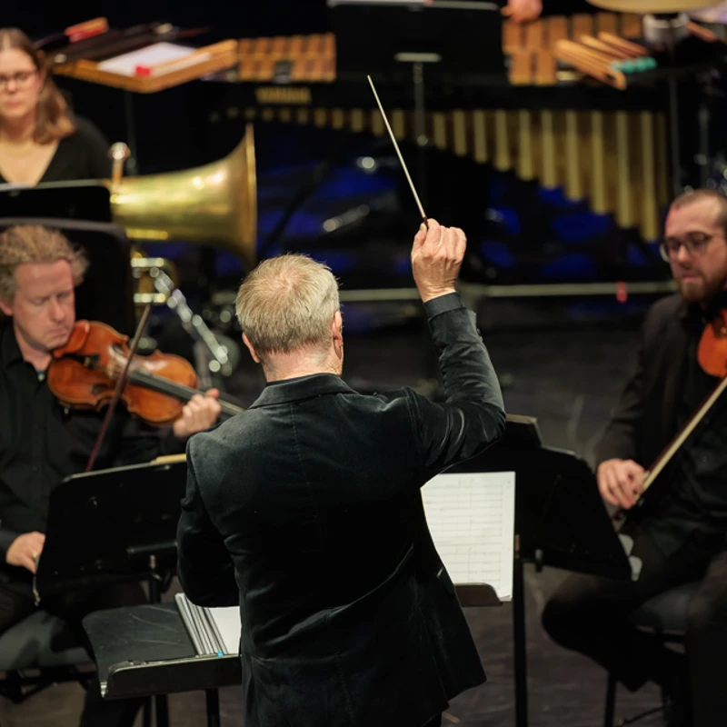 A conductor has his baton in the air as violinists and brass players play in front of him