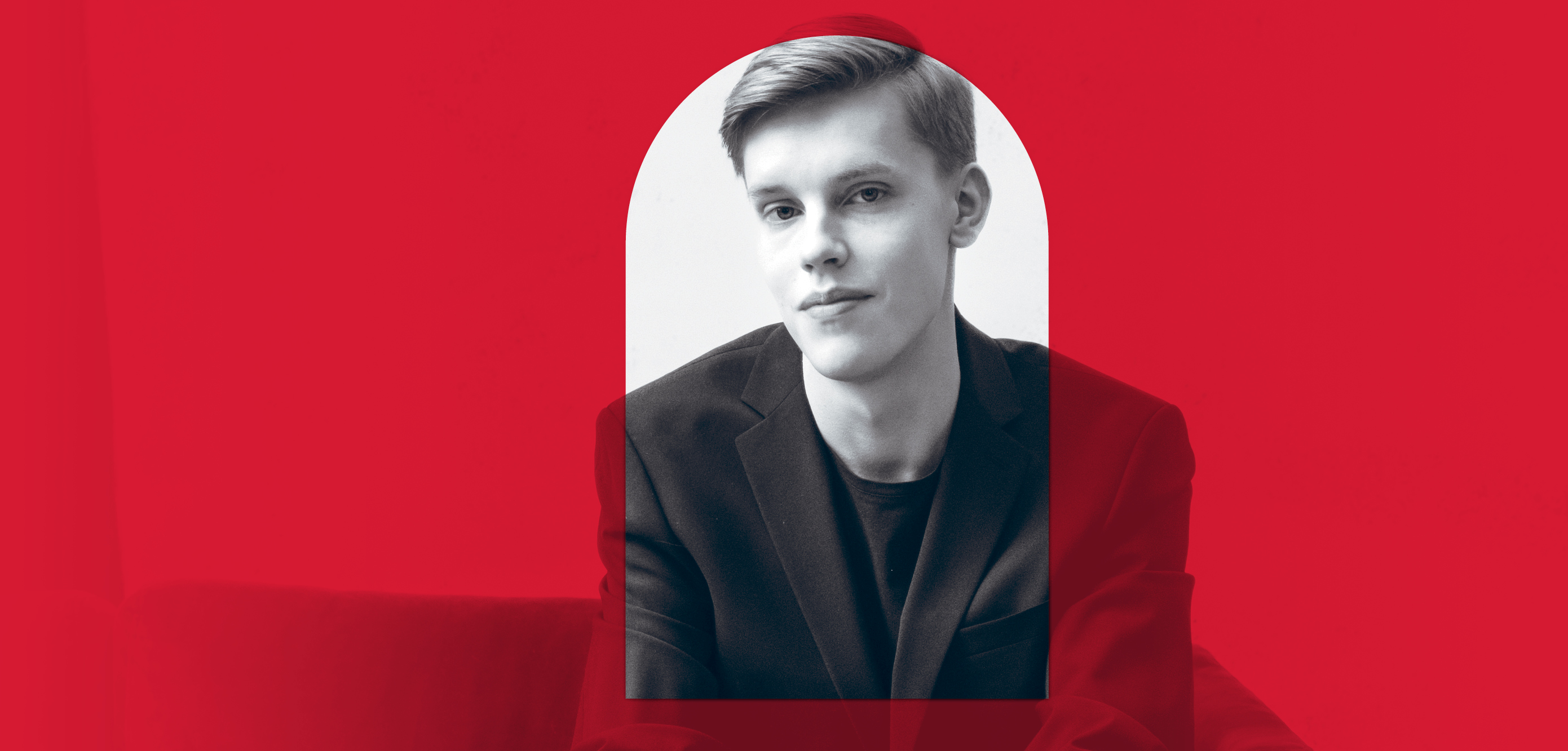 A promotional image of a conductor with a red overlay, red aligns with the branding for the 2026 MACA Symphonic Series