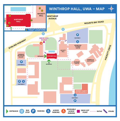 Map of Winthrop Hall, UWA showing entrances, walkways, parking, drop-off point, bus stops, accessible facilities, stairs and nearby buildings.