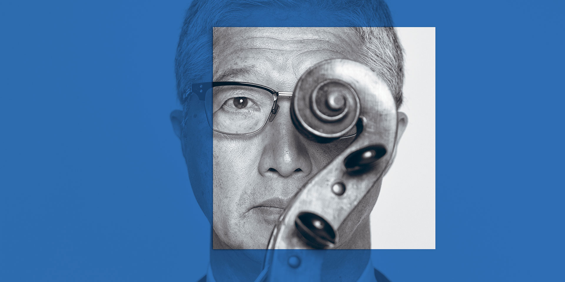 Artistic promotional image of a musician holding the scroll of his cello over his face, with a dark blue overlay to align with the Underground Series branding
