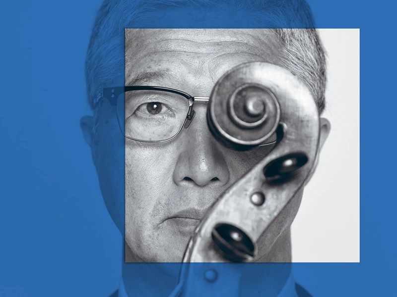 Artistic promotional image of a musician holding the scroll of his cello over his face, with a dark blue overlay to align with the Underground Series branding