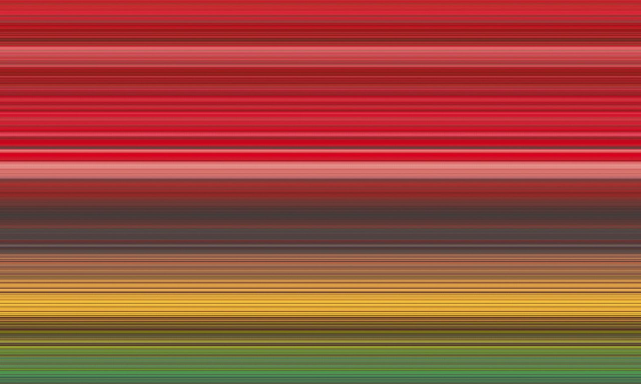 Abstract horizontal bands of colour in red, pink, grey, yellow, olive and green, forming a layered, striped composition.