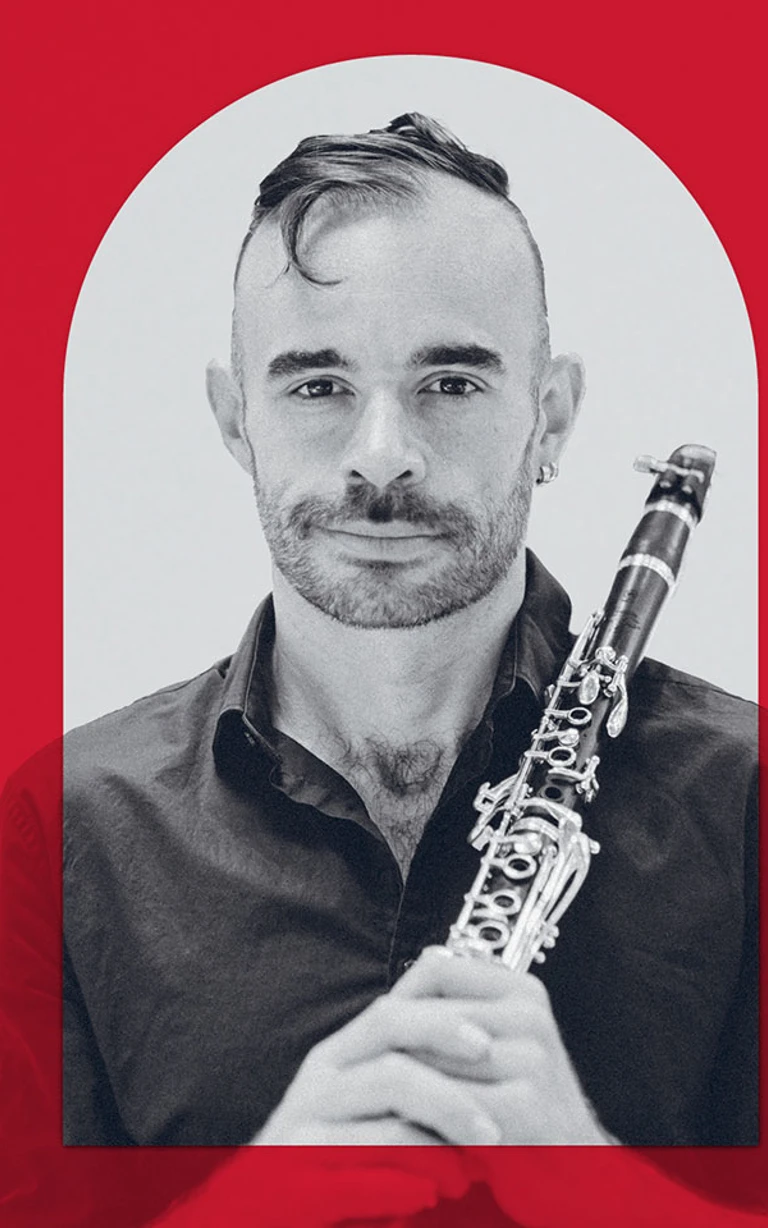 Promotional image of a musician holding a clarinet with a red overlay to align with the branding colour for the MACA Symphonic Series