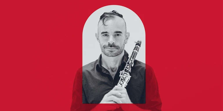 Promotional image of a musician holding a clarinet with a red overlay to align with the branding colour for the MACA Symphonic Series