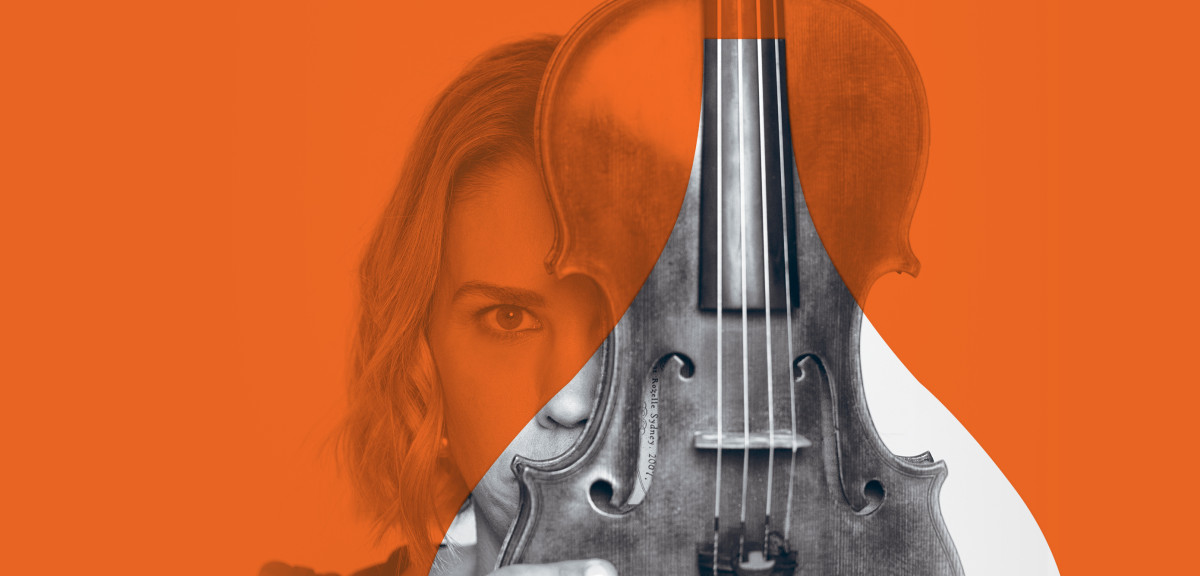 A promotional image of a woman holding a viola over her face, with an orange overlay to align with the Chamber Series branding