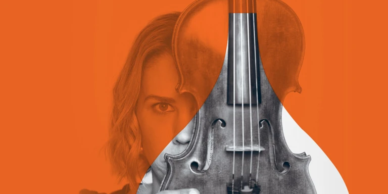 A promotional image of a woman holding a viola over her face, with an orange overlay to align with the Chamber Series branding