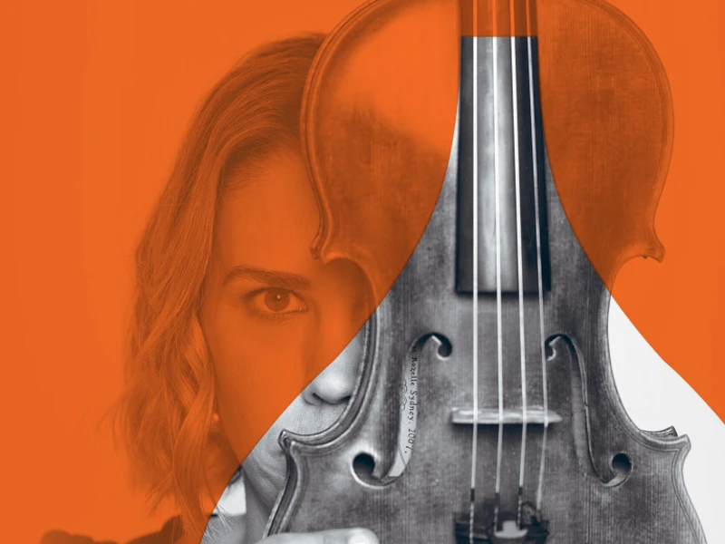 A promotional image of a woman holding a viola over her face, with an orange overlay to align with the Chamber Series branding