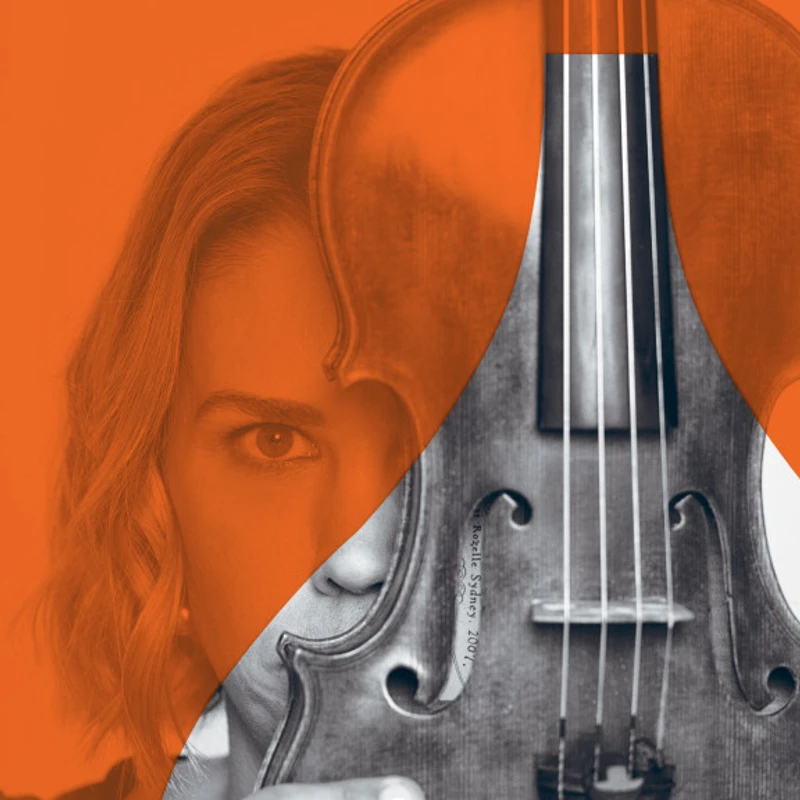 A promotional image of a woman holding a viola over her face, with an orange overlay to align with the Chamber Series branding