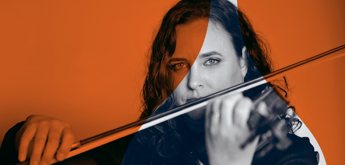 Promotional image of a musician playing her violin, with an orange overlay to align with the Chamber Series branding