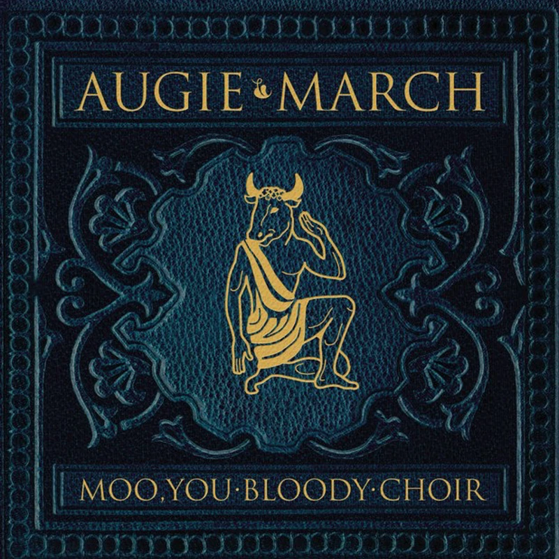 CD cover, Moo You Bloody Cow, blue background with gold illustration of a minotaur in a toga