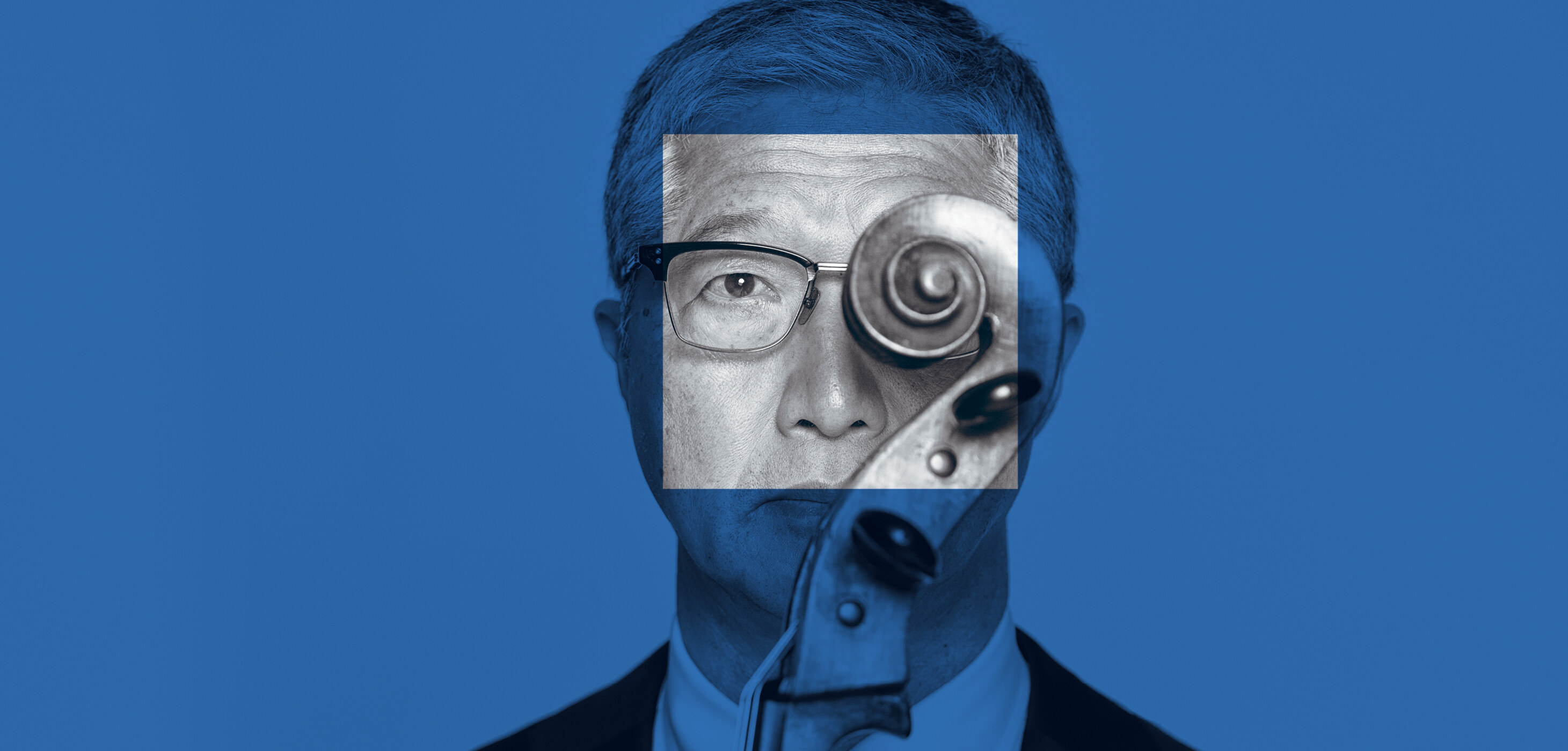 Artistic promotional image of a musician holding the scroll of his cello over his face, with a dark blue overlay to align with the Underground Series branding