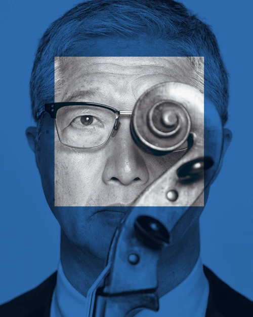 Underground Series Artistic promotional image of a musician holding the scroll of his cello over his face, with a dark blue overlay to align with the Underground Series branding