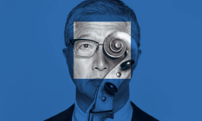 Artistic promotional image of a musician holding the scroll of his cello over his face, with a dark blue overlay to align with the Underground Series branding
