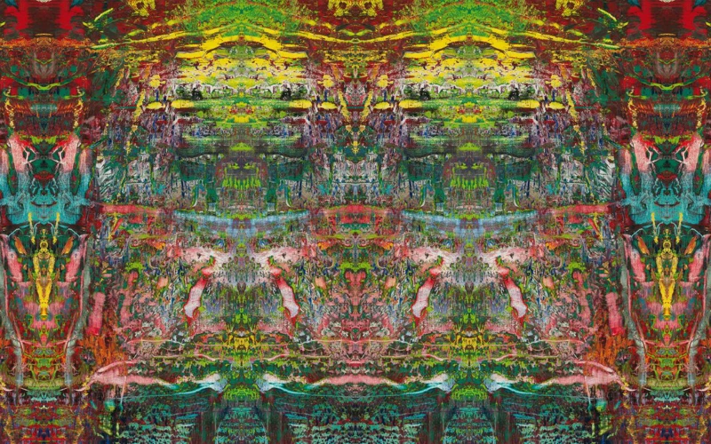 Symmetrical abstract painting in vivid reds, greens, yellows, and turquoise, with dense, layered textures and mirrored patterns.