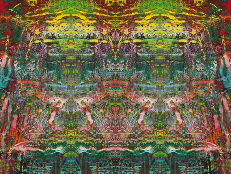 Symmetrical abstract painting in vivid reds, greens, yellows, and turquoise, with dense, layered textures and mirrored patterns.