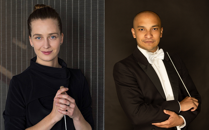 Two headshots: (Left) Elena Schwartz wearing a black top, holding a baton; (Right) Christopher Dragon wearing a formal black suit, holding a baton. 