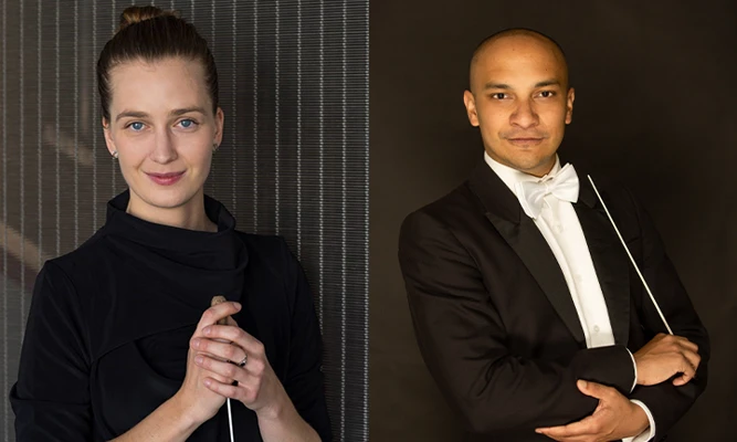 Two headshots: (Left) Elena Schwartz wearing a black top, holding a baton; (Right) Christopher Dragon wearing a formal black suit, holding a baton.
