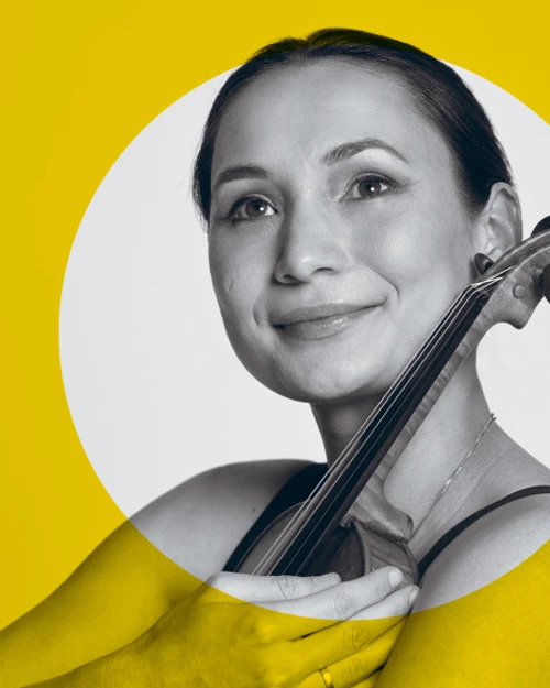 Explore Series Promotional image of a musician with her violin, with a yellow overlay to align with the Baroque Series branding