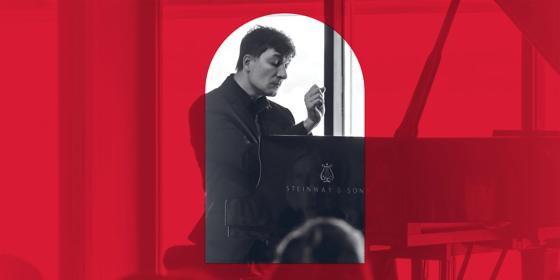 Promotional image of a musician at a piano with a red overlay to align with the branding colour for the MACA Symphonic Series