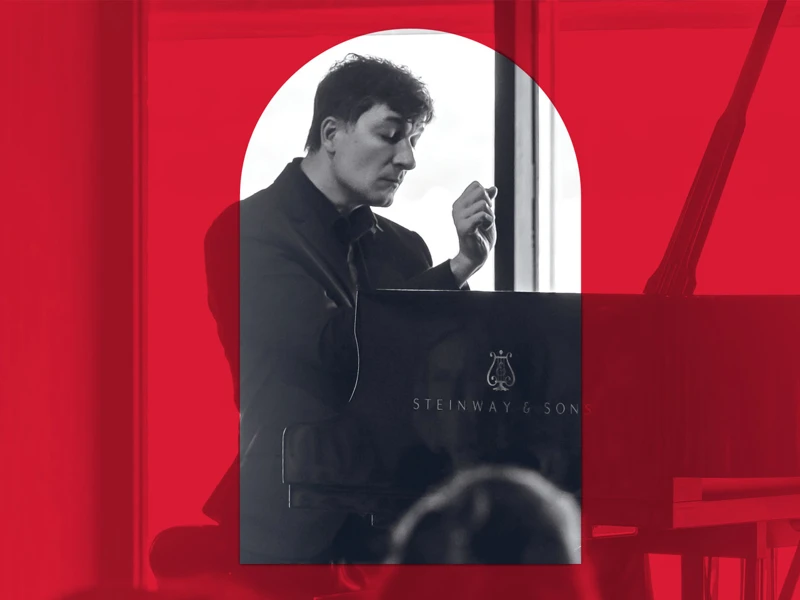 Promotional image of a musician at a piano with a red overlay to align with the branding colour for the MACA Symphonic Series