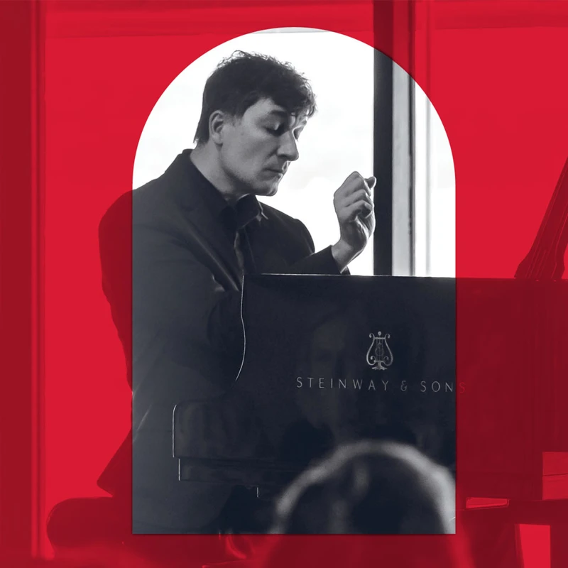 Promotional image of a musician at a piano with a red overlay to align with the branding colour for the MACA Symphonic Series