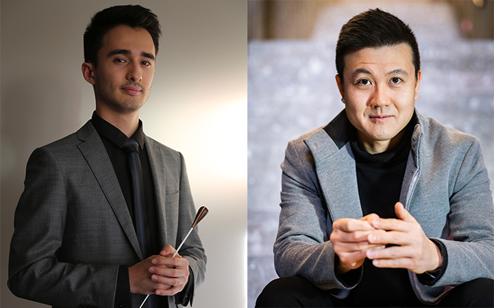 Two headshots: (Left) Carlo Antonioli wearing a grey suit, holding a baton; (Right) Thaddeus Huang wearing a grey jacket and black shirt.