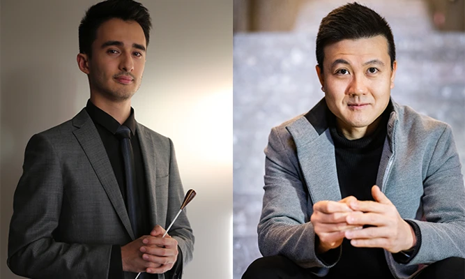 Two headshots: (Left) Carlo Antonioli wearing a grey suit, holding a baton; (Right) Thaddeus Huang wearing a grey jacket and black shirt.
