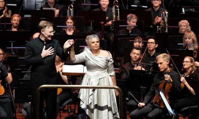 A photo taken at WASO's 2022 performance of Eumeralla, a war requiem for peace' with Deborah Cheetam
