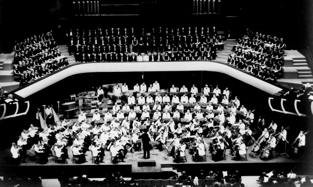 Black and white wide shot of WASO performing on stage for the opening of Perth Concert Hall in 1975.