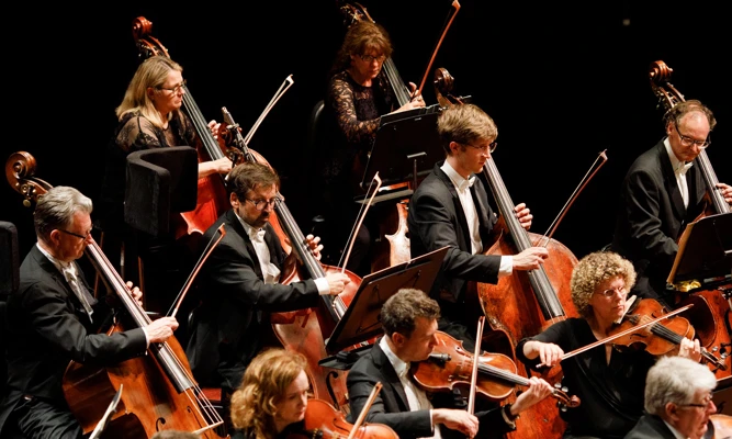 WASO's string section performing on stage, wearing formal concert attire.