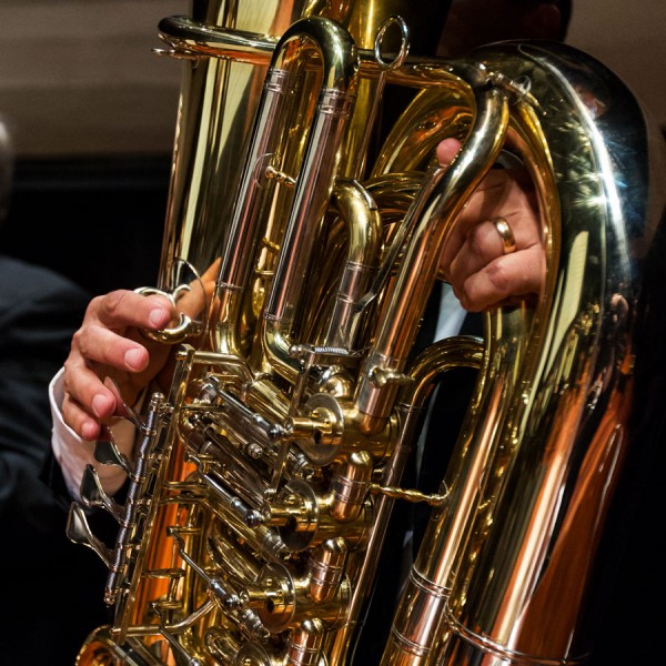 Close up of a tuba being played