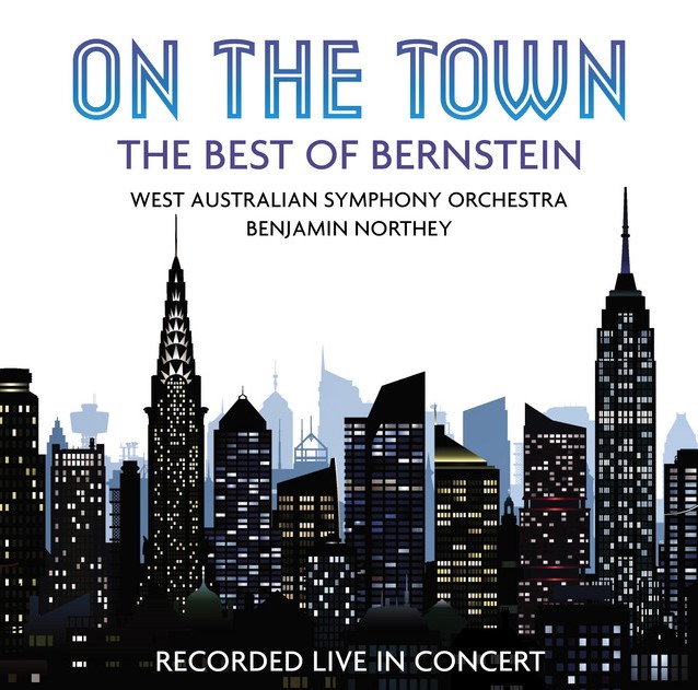 CD cover, On The Town: The Best of Bernstein, featuring an illustration of the New York City skyline
